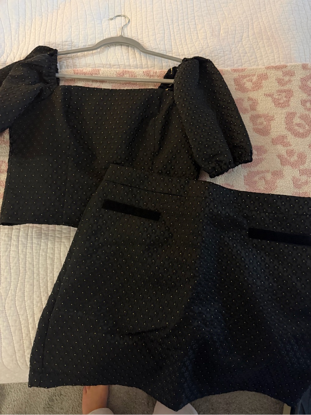 Black Puff-Sleeve Crop Top and Skirt Set